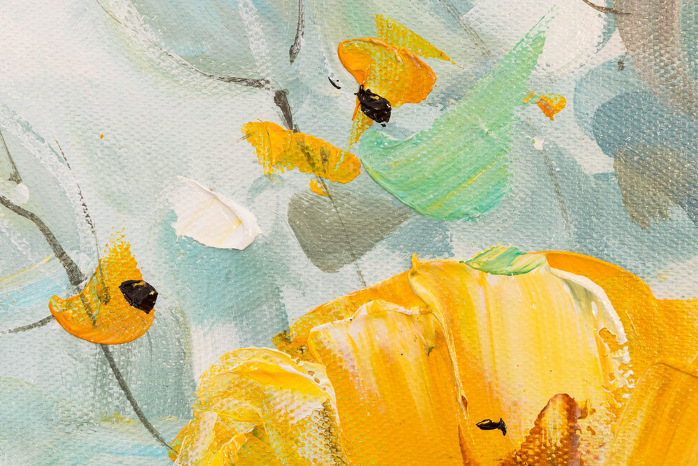 Impresionistički slika na platnu s motivom Cvijeće u vazi — žuta buket 70×70 cm, ljiljan, šareno cvijeće, cvijeće, cvijeće u vazi u bijelo-plavih nijansama – proizvod, pogled 3