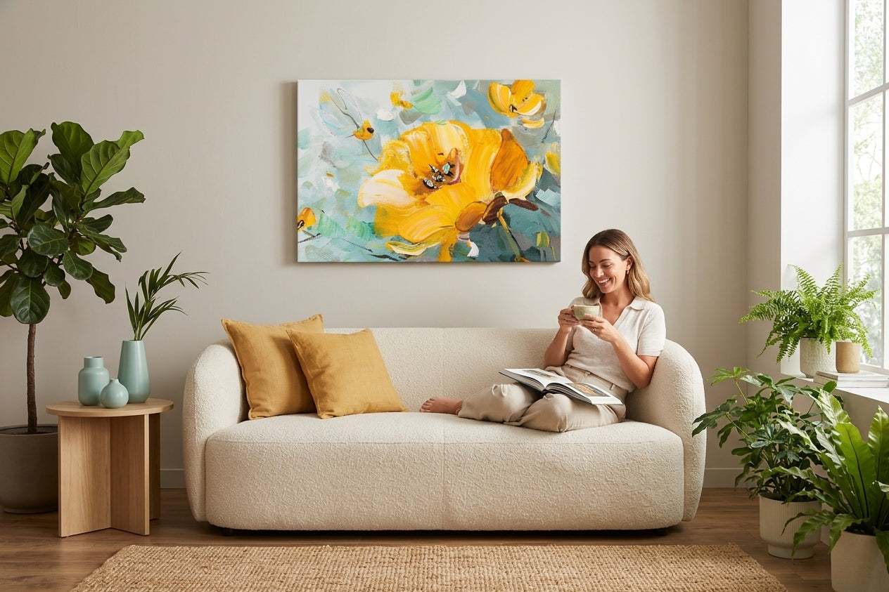 Impresionistički slika na platnu s motivom Cvijeće u vazi — žuta buket 70×70 cm, ljiljan, šareno cvijeće, cvijeće, cvijeće u vazi okačena u enterijeru kuhinje – enterijer