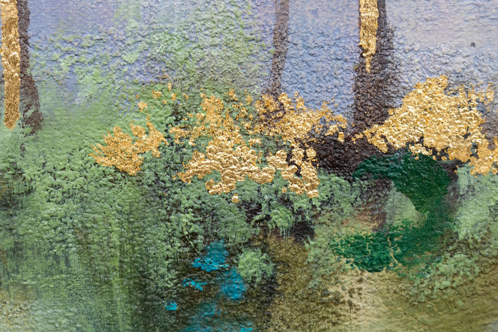 Ručno slikan slika na platnu s motivom drveće, stazica, nebo, izmaglica, pejzaž u plavo-ružičastih nijansama, mirna atmosfera, pogodan za kuhinje – proizvod, pogled 3