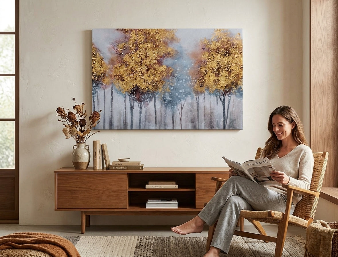 U boho stilu slika na platnu s motivom drveće, šuma, nebo, priroda u bijelo-smeđih nijansama okačena u enterijeru radne sobe, mirna atmosfera – enterijer