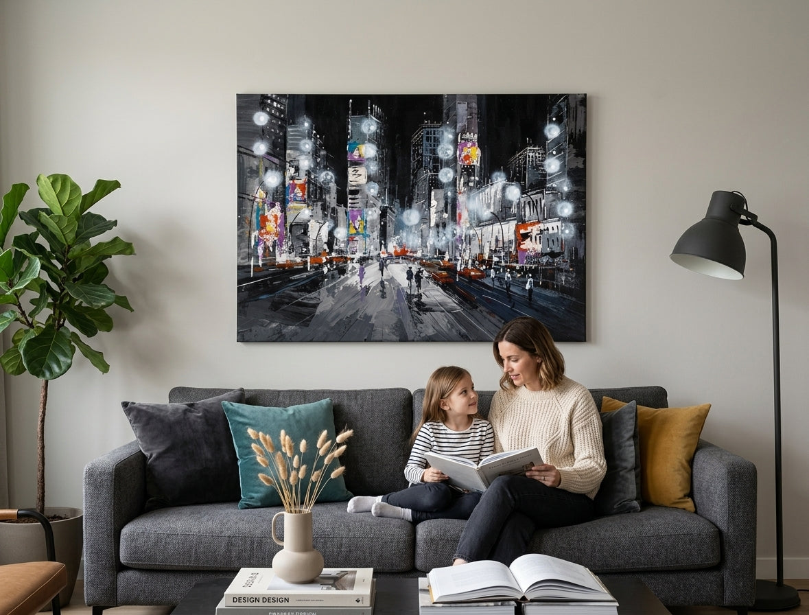 U skandinavskom stilu slika na platnu s motivom mapa, priroda u bijelo-bežih nijansama okačena u enterijeru dnevnog boravka, energična atmosfera, gradski život – enterijer
