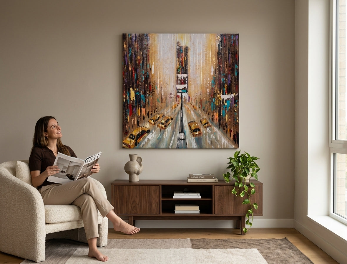 Pop art slika na platnu s motivom kiša, gradski motiv u bijelo-plavih nijansama okačena u enterijeru kancelarije, energična atmosfera, gradski život – enterijer