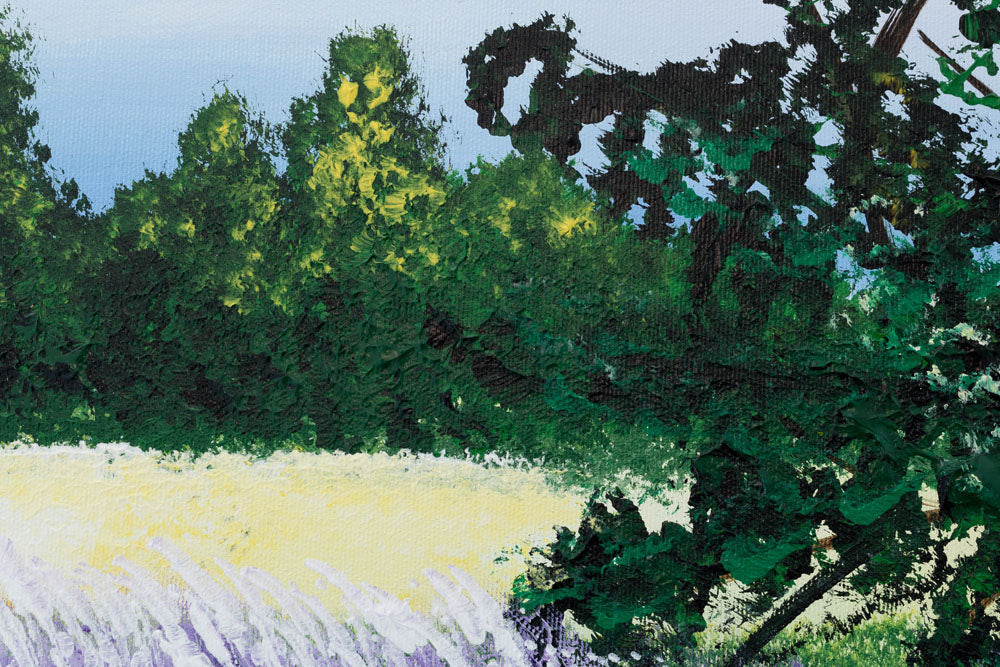 U boho stilu slika na platnu s motivom drvo, nebo, oblaci, pejzaž, cvijeće u ljubičasto-plavih nijansama, mirna atmosfera, priroda, pogodan za kuhinje – proizvod, pogled 6