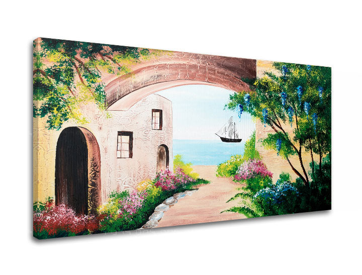 U boho stilu slika na platnu s motivom okean, bašta, cvijeće, more i plaža, priroda u bež-smeđih nijansama, mirna atmosfera, pogodan za hodnika – proizvod, pogled 2