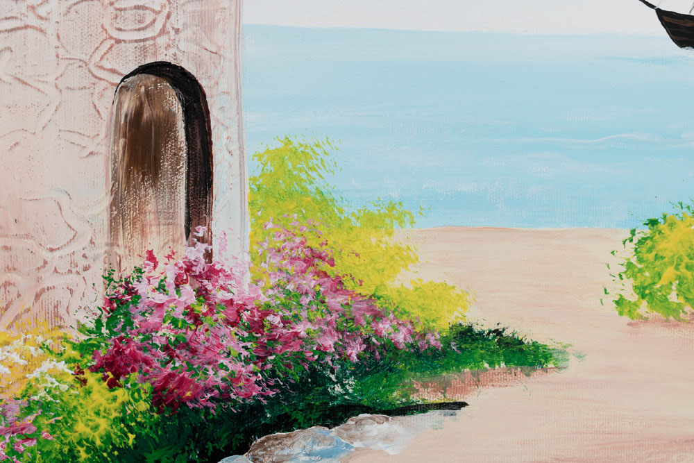 U boho stilu slika na platnu s motivom okean, bašta, cvijeće, more i plaža, priroda u bež-smeđih nijansama, mirna atmosfera, pogodan za hodnika – proizvod, pogled 3