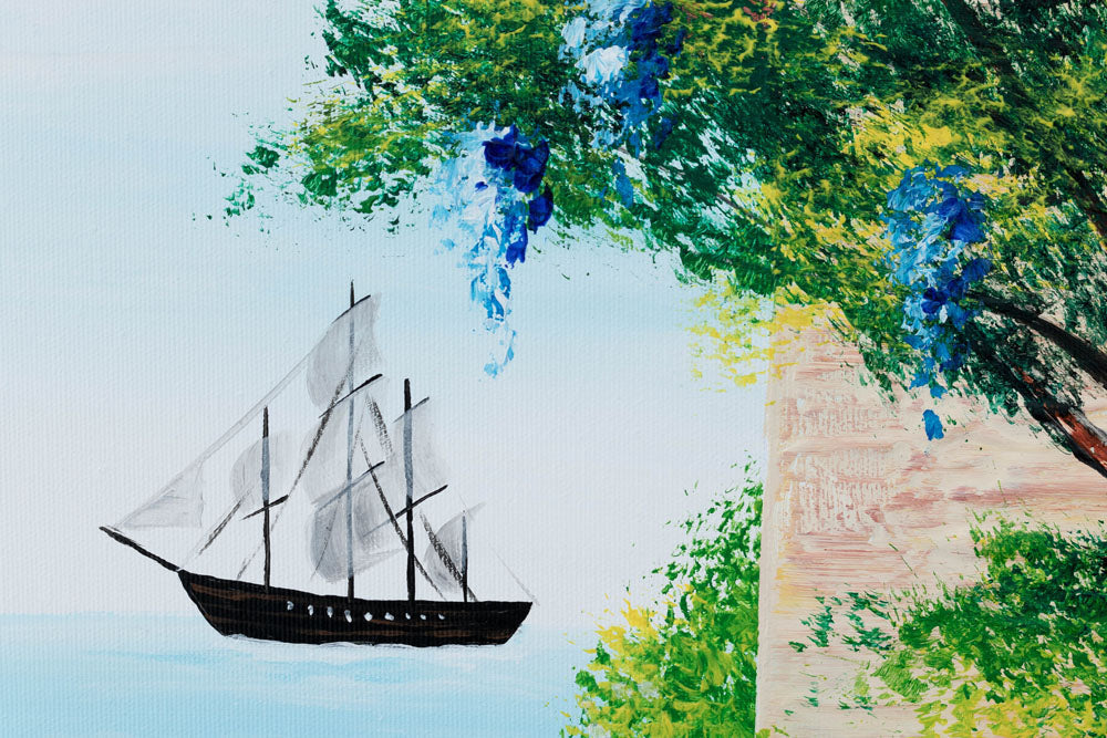 U boho stilu slika na platnu s motivom okean, bašta, cvijeće, more i plaža, priroda u bež-smeđih nijansama, mirna atmosfera, pogodan za hodnika – proizvod, pogled 5
