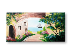 U boho stilu slika na platnu s motivom okean, bašta, cvijeće, more i plaža, priroda u bež-smeđih nijansama, mirna atmosfera, pogodan za hodnika – proizvod