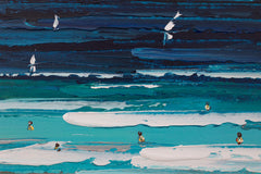 Pop art slika na platnu s motivom plaža, okean, talasi, nebo, more i plaža u bijelo-bežih nijansama, primorski život, pogodan za dnevnog boravka | Slikana slika za zid MORE – proizvod