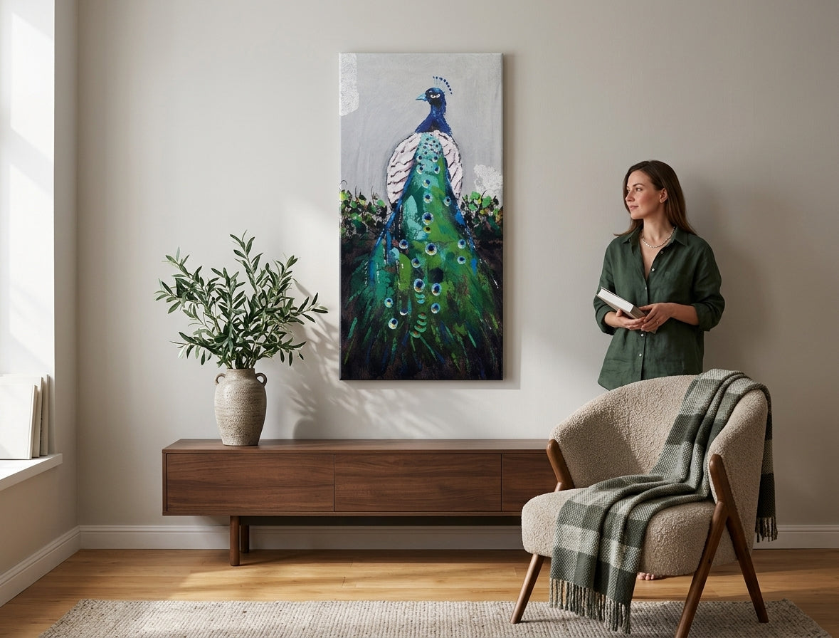 Pop art slika na platnu s motivom PAUN, ptica u bijelo-plavih nijansama okačena u enterijeru hodnika, elegantna atmosfera, priroda i elegancija | Slikana slika za zid PAUN – enterijer