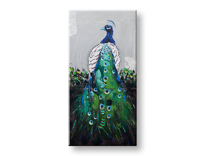 Pop art slika na platnu s motivom PAUN, ptica u bijelo-plavih nijansama, elegantna atmosfera, priroda i elegancija, pogodan za hodnika | Slikana slika za zid PAUN – glavna