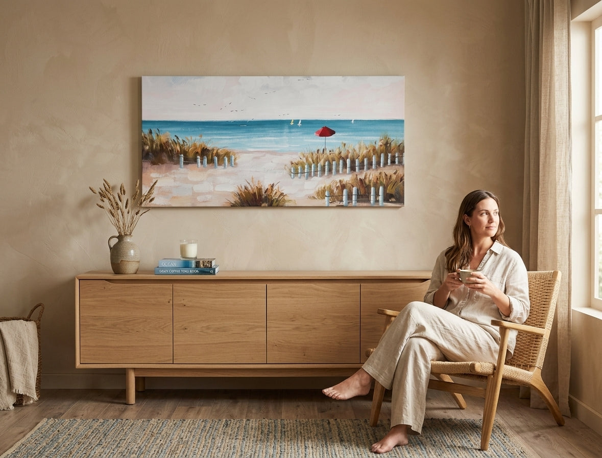 U boho stilu slika na platnu s motivom PLAŽA, okean, more i plaža u bijelo-bežih nijansama okačena u enterijeru spavaće sobe, mirna atmosfera, primorski život – enterijer
