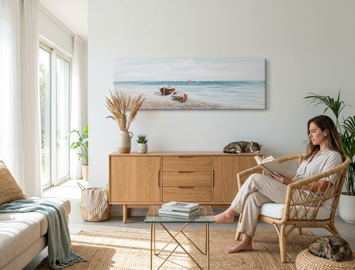 U boho stilu slika na platnu s motivom PLAŽA, okean, nebo, more i plaža u bijelo-bežih nijansama okačena u enterijeru dnevnog boravka, mirna atmosfera – enterijer