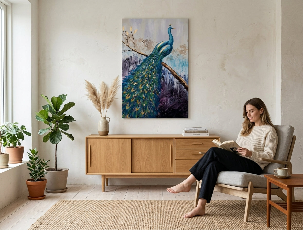 U boho stilu slika na platnu s motivom PAUN u ljubičasto-plavih nijansama okačena u enterijeru spavaće sobe, elegantna atmosfera, priroda i ljepota | Slikana slika za zid PAUN – enterijer
