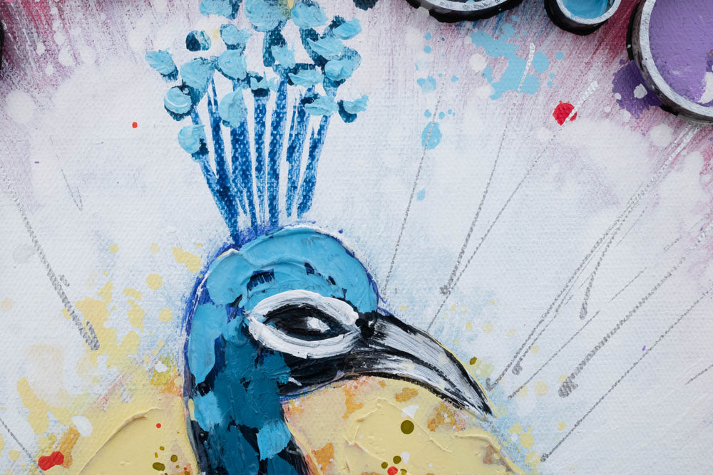 Pop art slika na platnu s motivom PAUN, ptica, životinja u višebojnih nijansama, živahna atmosfera, priroda i ljepota, pogodan za dnevnog boravka | Slikana slika za zid PAUN – proizvod, pogled 3