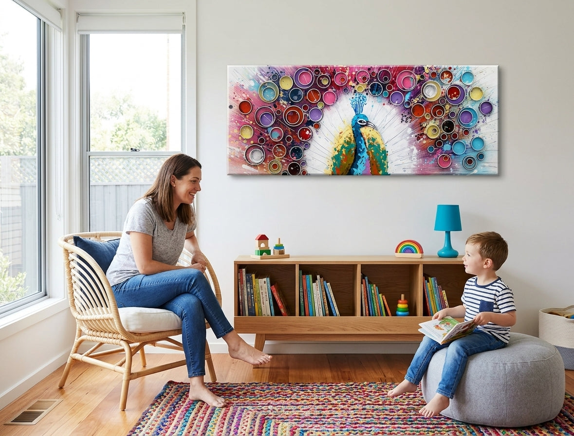 Pop art slika na platnu s motivom PAUN, ptica, životinja u višebojnih nijansama okačena u enterijeru dnevnog boravka, živahna atmosfera, priroda i ljepota – enterijer