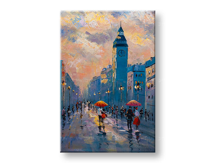 U boho stilu slika na platnu s motivom ŠETNJA MESTOM, pejzaž, mapa u plavo-narandžastih nijansama, romantična atmosfera, gradski život, pogodan za kancelarije – glavna