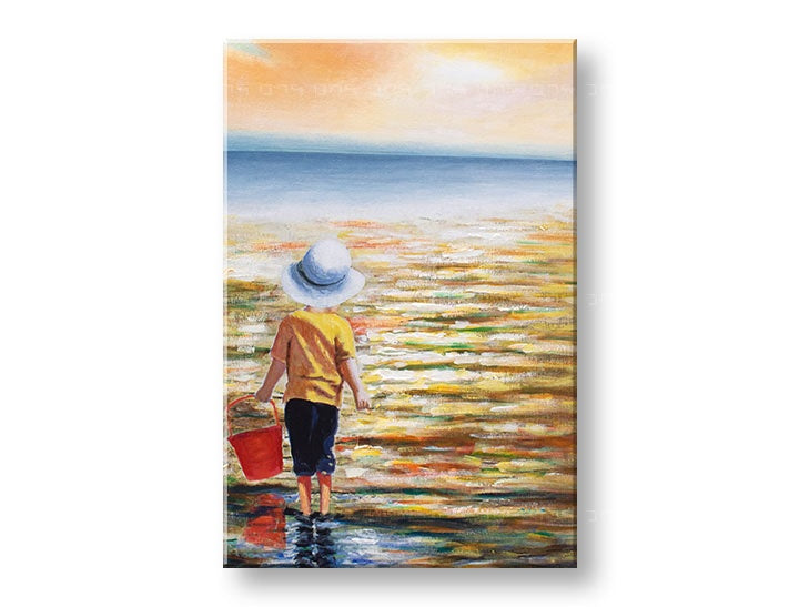 Ručno slikan slika s motivom dijete, okean, zalazak sunca u plavo-zlatnih nijansama | Slikana slika za zid MORE, djetinjstvo i priroda – pregled
