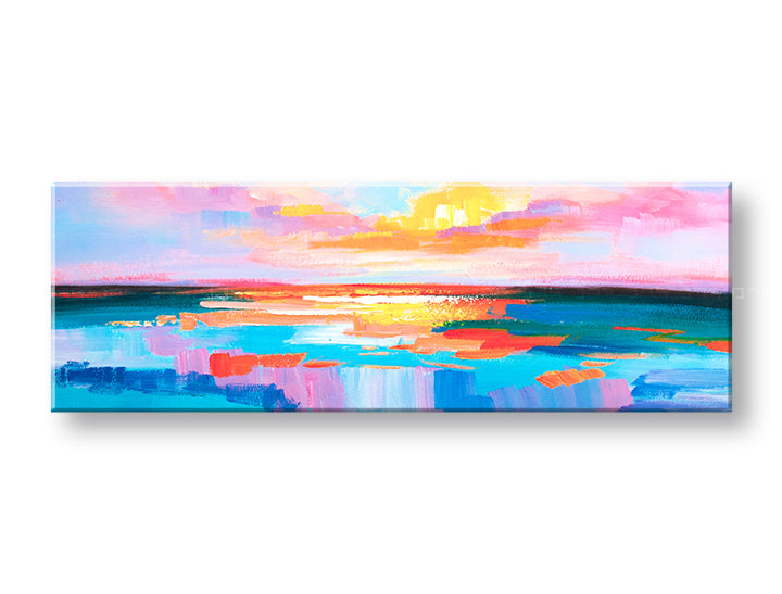 Pop art slika na platnu s motivom ZALAZAK SUNCA, okean, nebo, pejzaž u ljubičasto-plavih nijansama, mirna atmosfera, priroda, pogodan za kancelarije – glavna