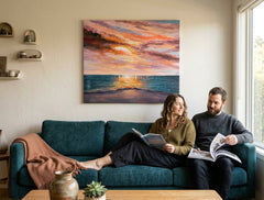 U boho stilu slika na platnu s motivom ZALAZAK SUNCA, okean, nebo, oblaci, more i plaža u ljubičasto-plavih nijansama okačena u enterijeru hodnika – enterijer