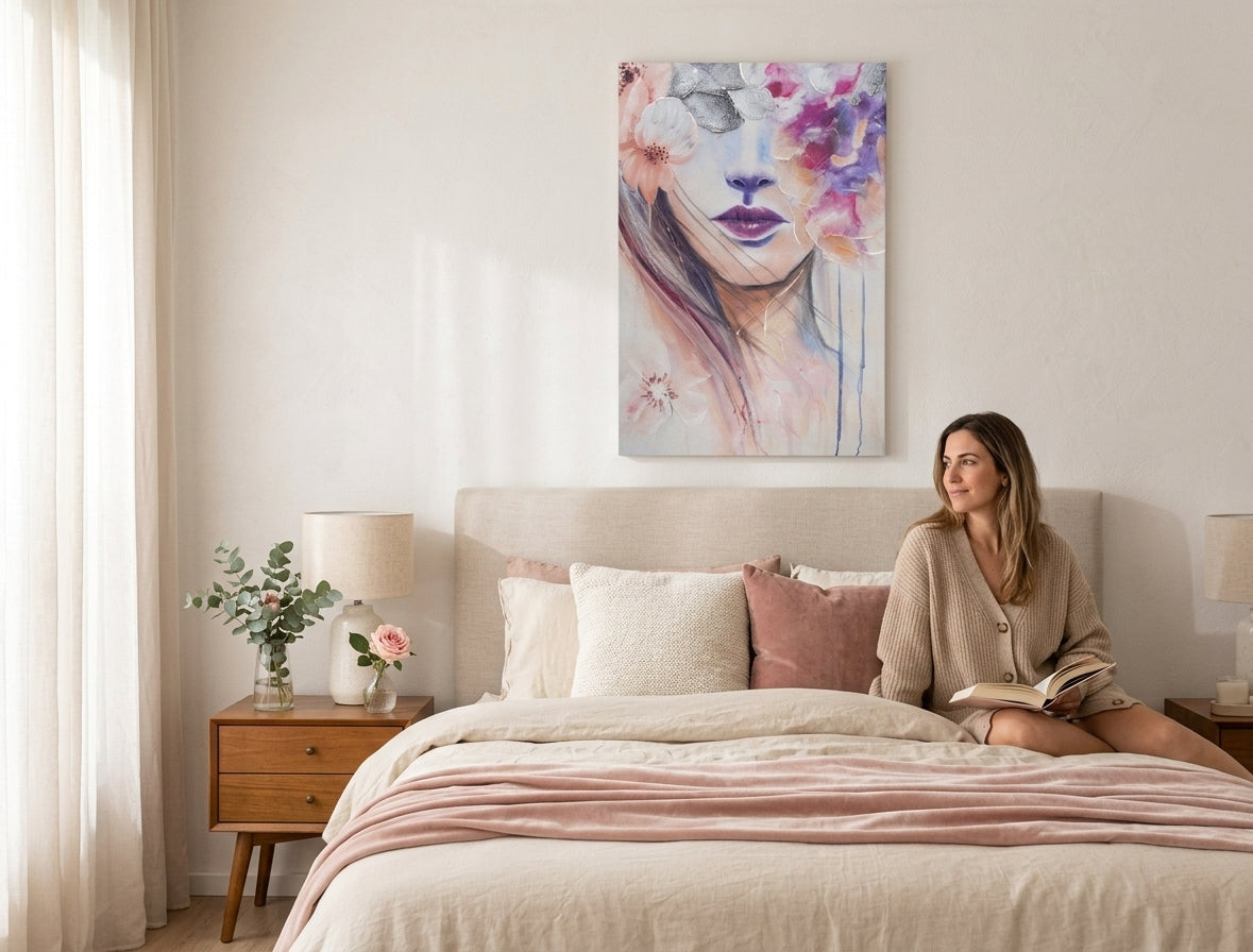 U boho stilu slika na platnu s motivom ŽENA, cvijeće, kosa, priroda u ljubičasto-narandžastih nijansama okačena u enterijeru spavaće sobe, eterična atmosfera – enterijer