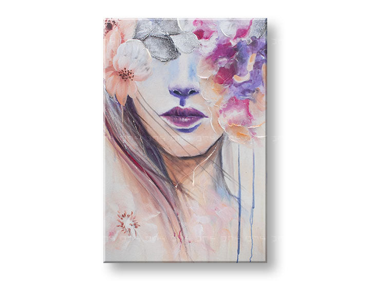 U boho stilu slika na platnu s motivom ŽENA, cvijeće, kosa, priroda u ljubičasto-narandžastih nijansama, eterična atmosfera, priroda i ljepota, pogodan za spavaće sobe – glavna