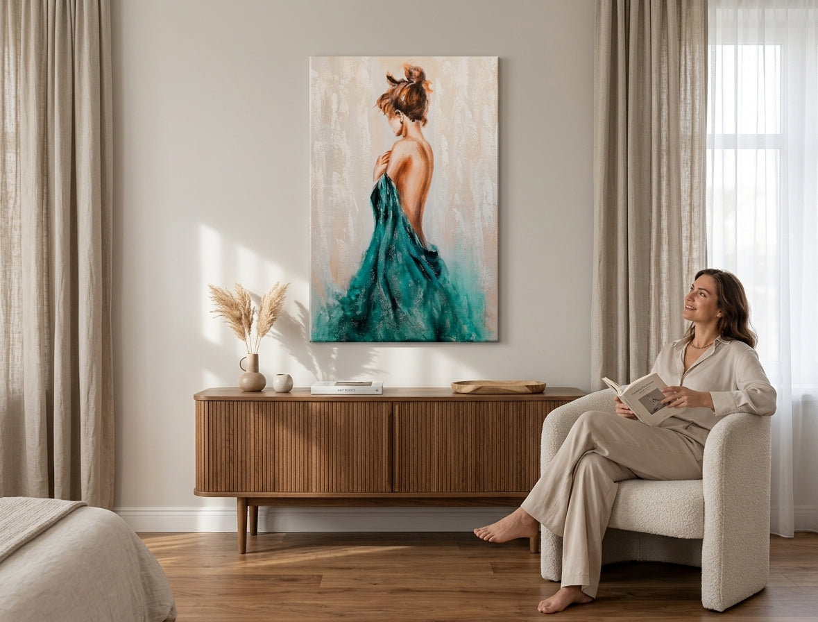 Ručno slikan slika na platnu s motivom ŽENA u bež-smeđih nijansama okačena u enterijeru spavaće sobe, elegantna atmosfera, elegancija i ljepota – enterijer