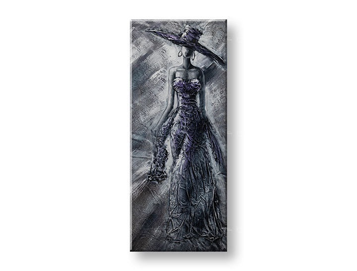 Ručno slikan slika na platnu s motivom ŽENA u ljubičasto-sivih nijansama, elegantna atmosfera, elegancija i tajna, pogodan za spavaće sobe | Slikana slika za zid ŽENA – glavna
