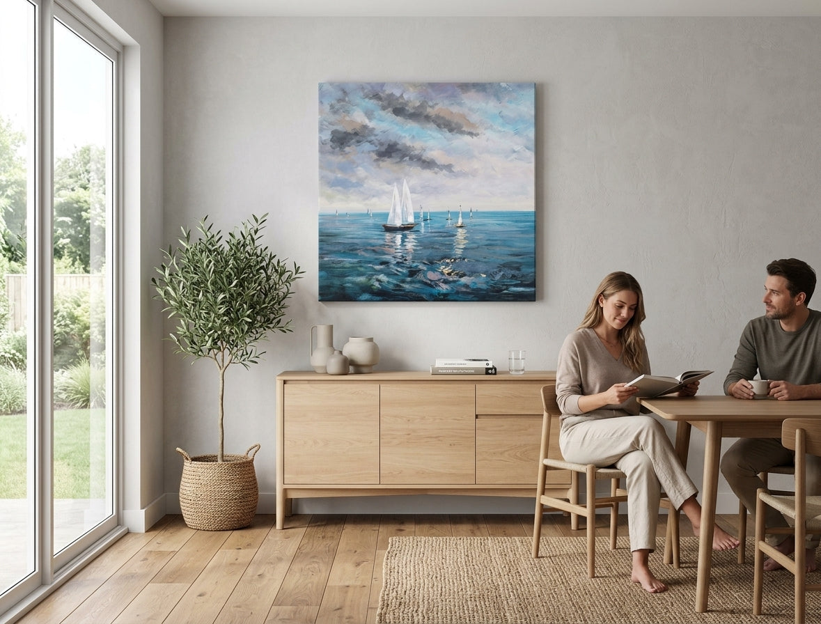 Ručno slikana slika Brodovi 70x70 cm, savršeno uklopljena u moderni interijer dnevne sobe. Plavi i bijeli tonovi unose svježinu i eleganciju u prostor.