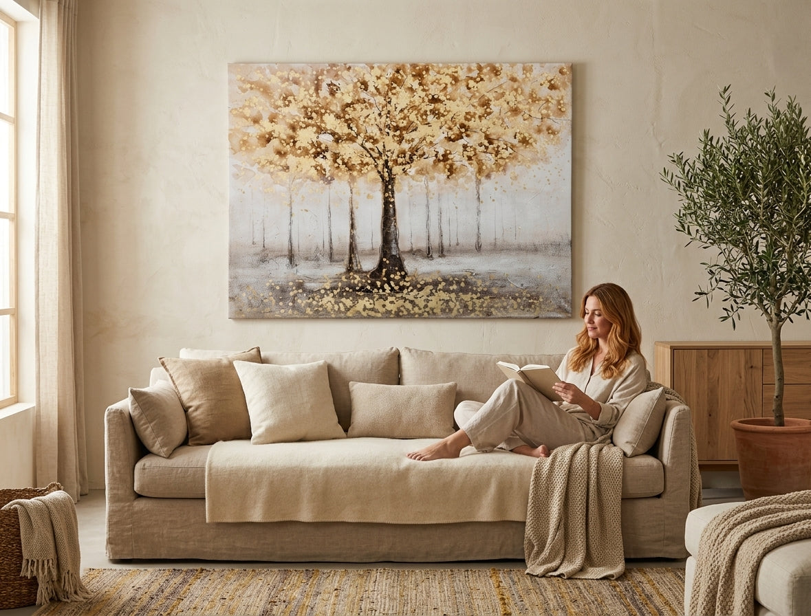 Ručno slikana slika DRVO 120x90 cm, prikazana u modernom dnevnom boravku. Bež, sivi i zlatni tonovi drveta unose toplinu i sofisticiranost u prostor.