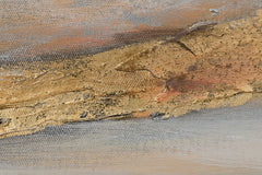 Detaljan prikaz teksture ručno slikane slike Nebo 90x110 cm, ističući bogate zlatne i sive poteze kistom i dubinu platna.