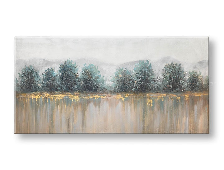 Mali pregled ručno slikane slike stabala na platnu, 140x70 cm, bijelo-plavi tonovi, motiv prirode, idealno za uređenje doma.