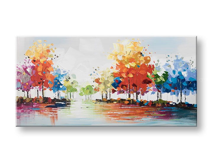 Glavna slika Papilora ručno slikane umjetničke slike DRVEĆE 140x70 cm, prikazana u 3D perspektivi, s bogatim teksturama u bijelim, bež i sivim tonovima.