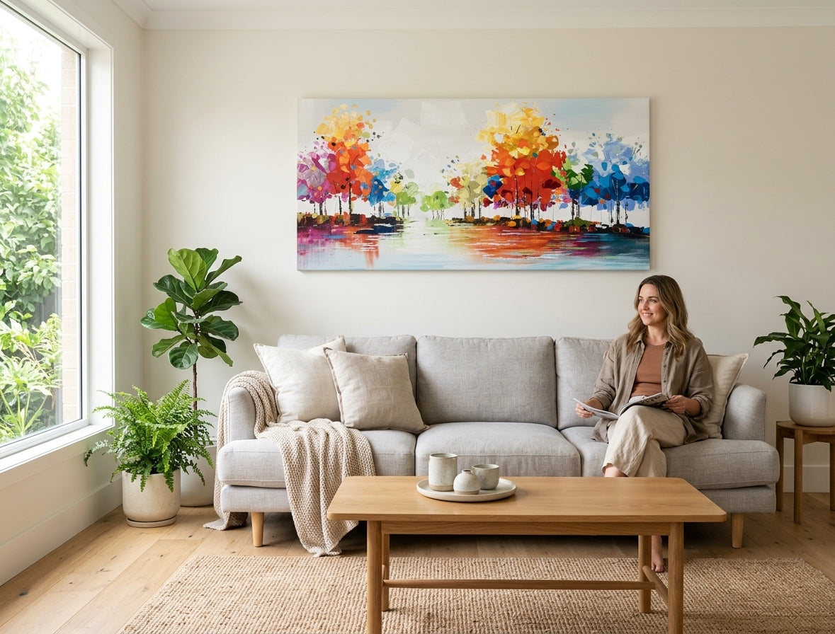 Ručno slikana slika DRVEĆE 140x70 cm, s detaljima prirode u bijelim i sivim nijansama, elegantno uklopljena u moderni dnevni boravak.