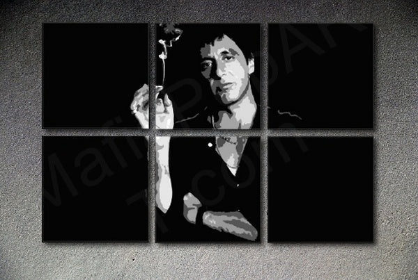 Pop art slika na platnu s motivom SCARFACE-AL PACINO 6 dijelni XXL Akcia al8, cvijet u sivo-crnih nijansama, dramatična atmosfera, pogodan za dnevnog boravka – glavna