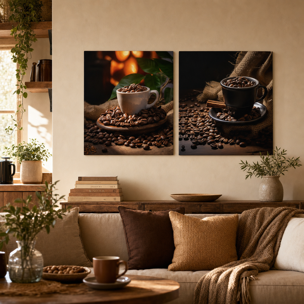 Set 2 premium zidne slike Kafeno uživanje od Papilore iznad trpezarijskog stola – Prženi užitak i Fantazija kafe, idealno za dom.