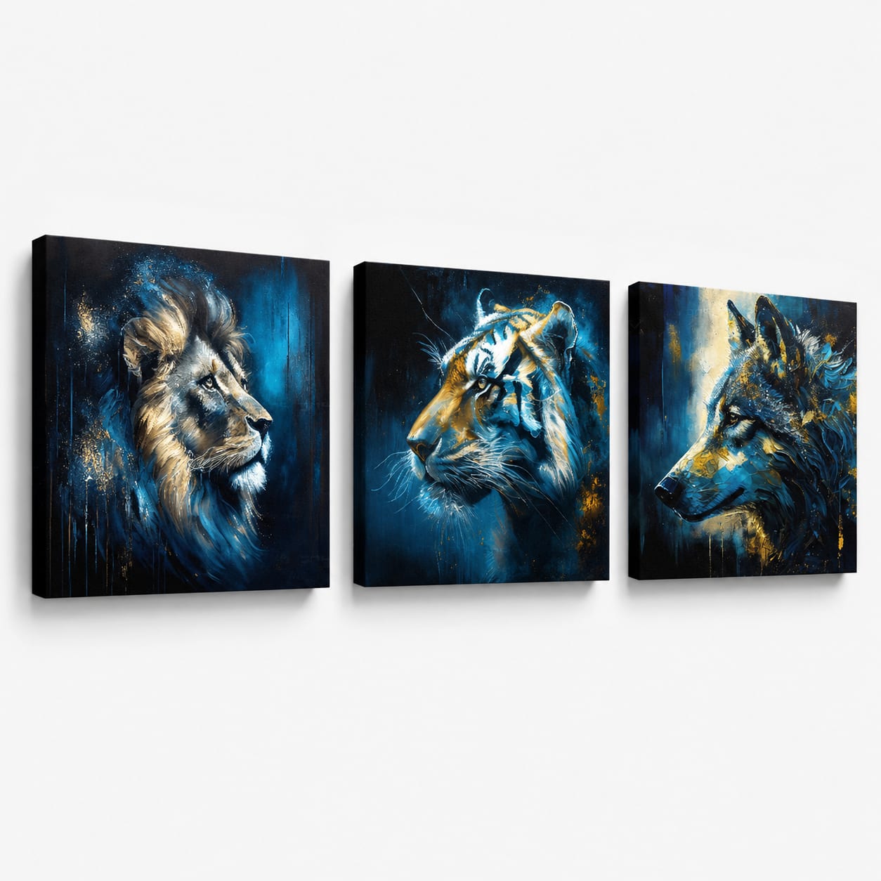 Set 3 slike Wild Kingdom – Lav, Tigar, Vuk – gallery-wrap platno na bijeloj pozadini, ručno dorađeno akrilom