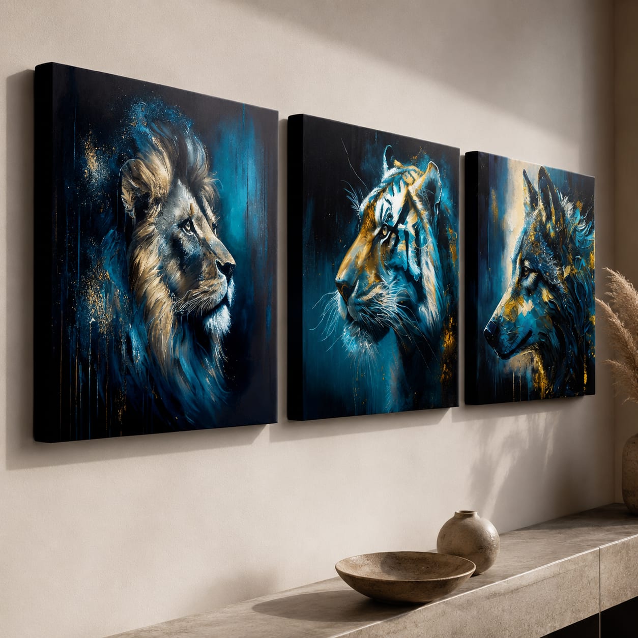 Set Wild Kingdom detalj – tri slike na zidu izbliza, vidljivi gallery-wrap rubovi i akrilni detalji
