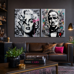 Set od 2 slike Filmske Legende iznad sofe u dnevnom boravku – Marilyn Monroe i Kum u crno-bijelom pop-art stilu, Papilora.