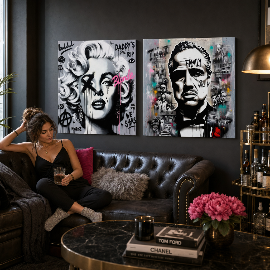 Set od 2 slike Filmske Legende iznad komode u dnevnom boravku – Marilyn Monroe i Kum u street-art pop-art stilu.