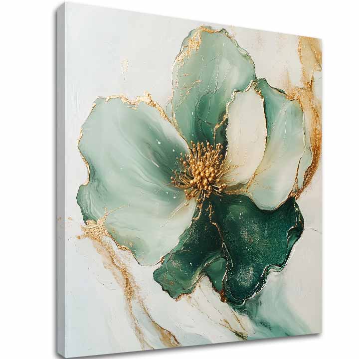 Slika Smaragdni cvijet – 3D canvas gallery-wrap platno ručno dorađeno akrilom, zlatni detalji.