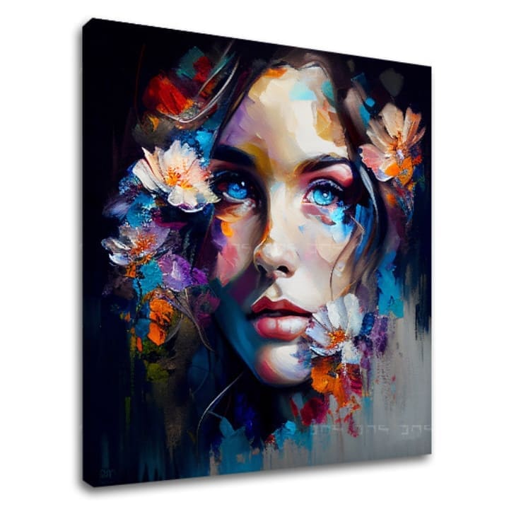 Slika Nebo u Očima, dio diptiha Živopisna Ljepota, prikazuje ekspresivno lice žene s cvijećem. Umjetnički portret za spavaću sobu ili radni prostor.
