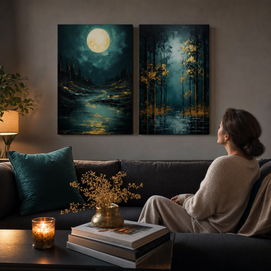 Set 2 slike Zlatna Priroda – Mjesec nad tajanstvenim stijenama i Zlatna lisnata fantazija – premium platna iznad sofe u elegantnom dnevnom boravku Papilora.