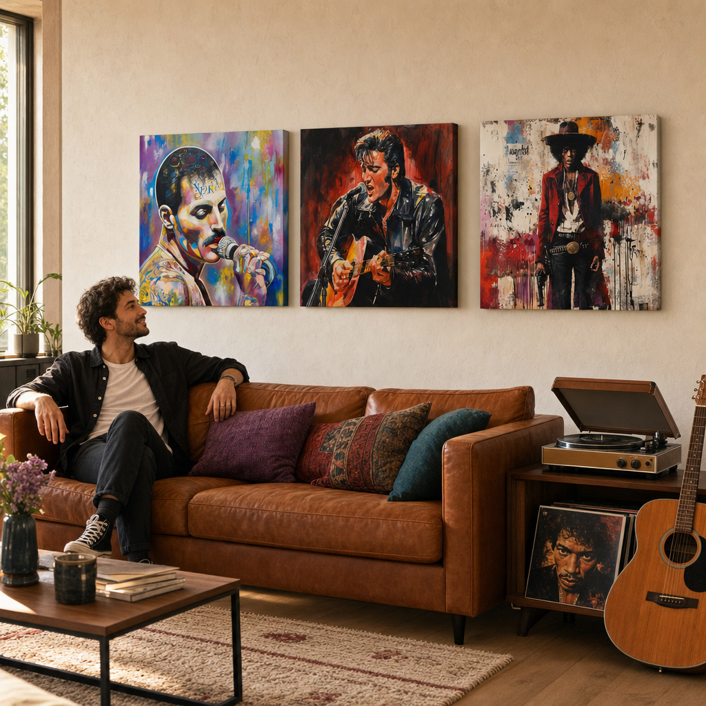 Set od 3 slike Rock Legends iznad sofe u dnevnom boravku – Freddie Mercury, Elvis Presley, Jimi Hendrix – Papilora