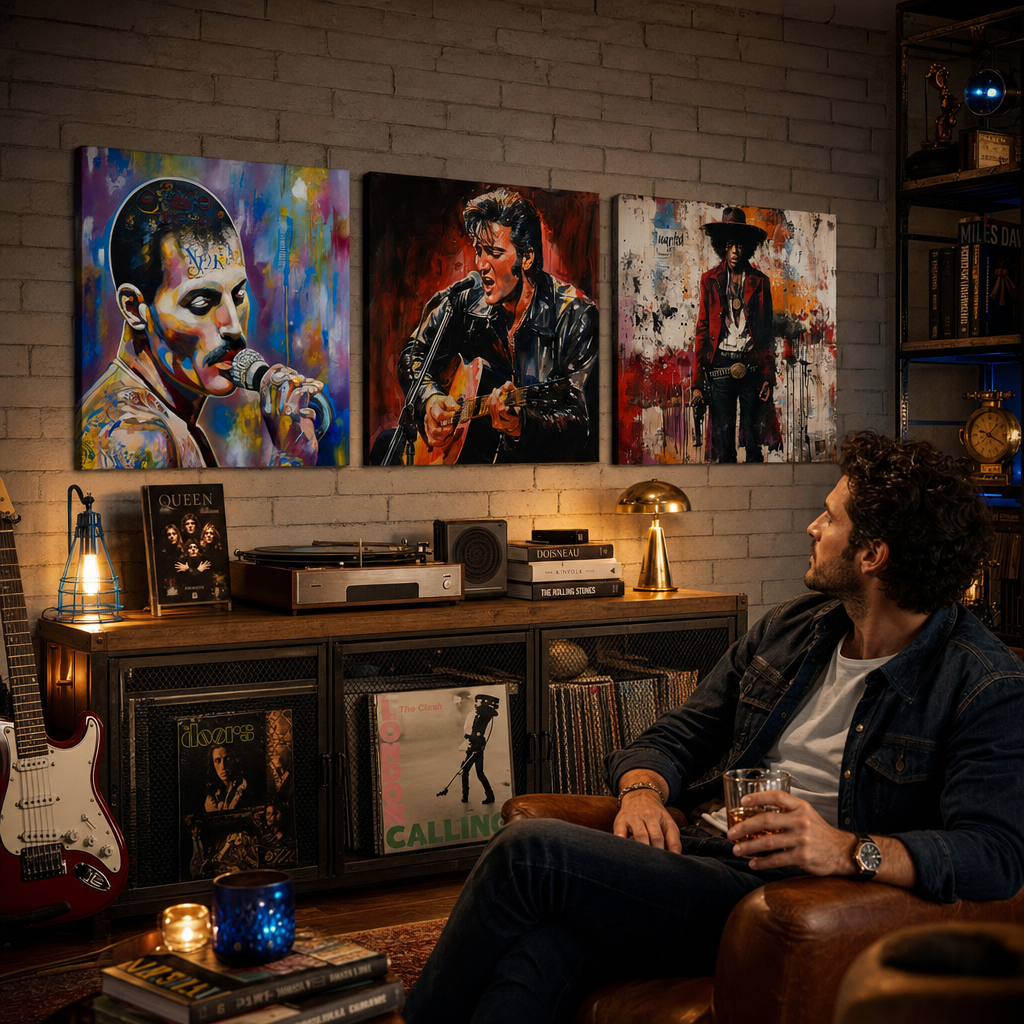 Set od 3 slike Rock Legends u muzičkoj sobi iznad komode – Freddie, Elvis, Hendrix – premium zidna umjetnost