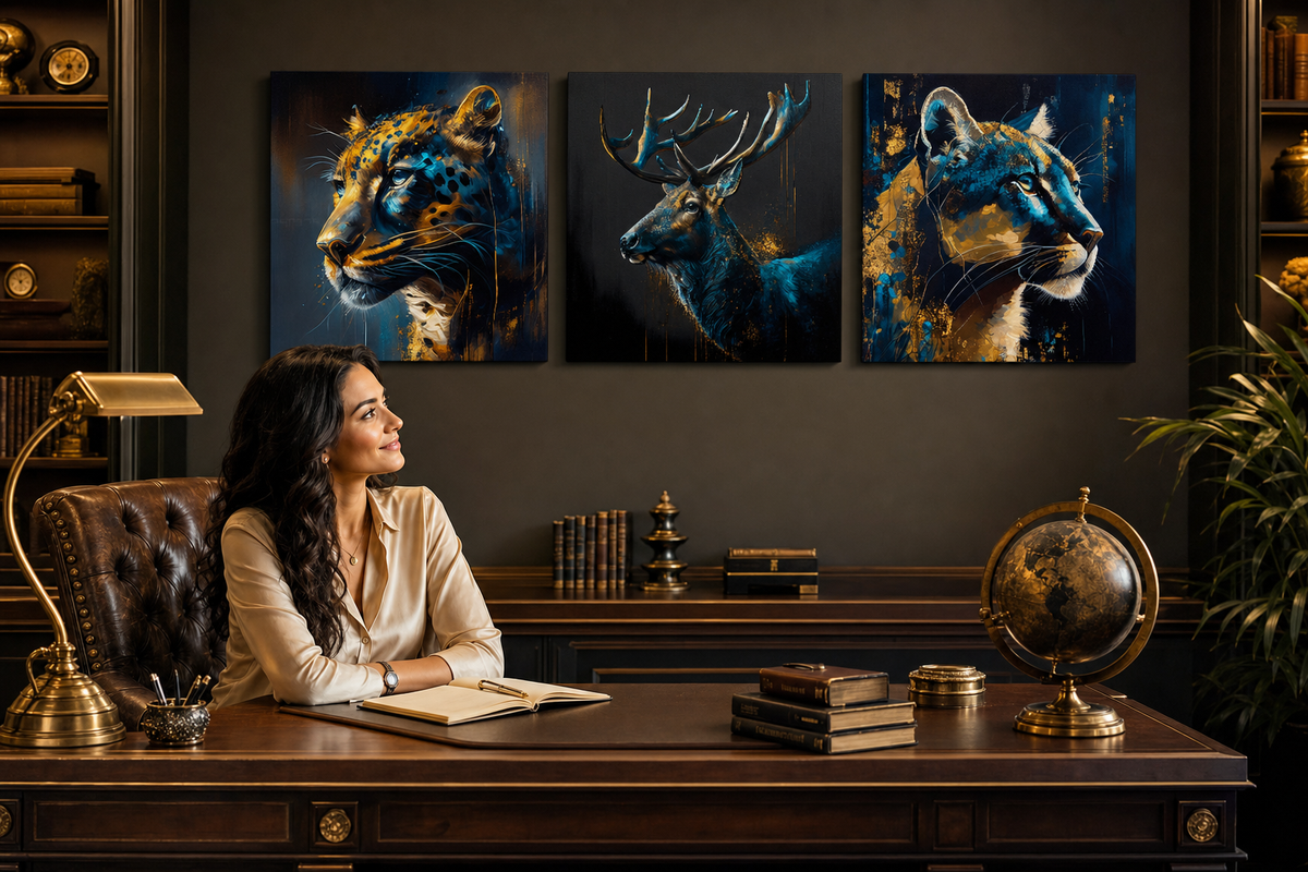 Set 3 slike Safari Gold – Jaguar, Jelen, Puma – gallery-wrap platno u luksuznoj radnoj sobi Papilora