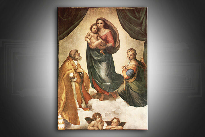 Renesansni slika na platnu s motivom Sixtínská Madona – Raffaello Santi, klasické dielo, náboženské umenie u zeleno-zlatnih nijansama | Slika na platnu Sixtínská Madona – Raffaello Santi – glavna