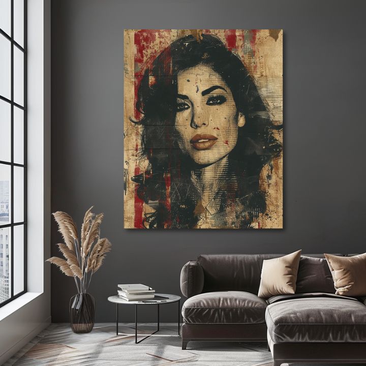 Moderan slika na platnu s motivom Amy Winehouse - Hlboký pogled duše u bež-crnih nijansama, drska atmosfera, ljepota | Slika Amy Winehouse - Hlboký pogled duše – proizvod, pogled 2