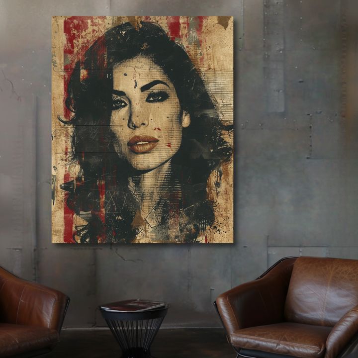 Moderan slika na platnu s motivom Amy Winehouse - Hlboký pogled duše u bež-crnih nijansama, drska atmosfera, ljepota | Slika Amy Winehouse - Hlboký pogled duše – proizvod