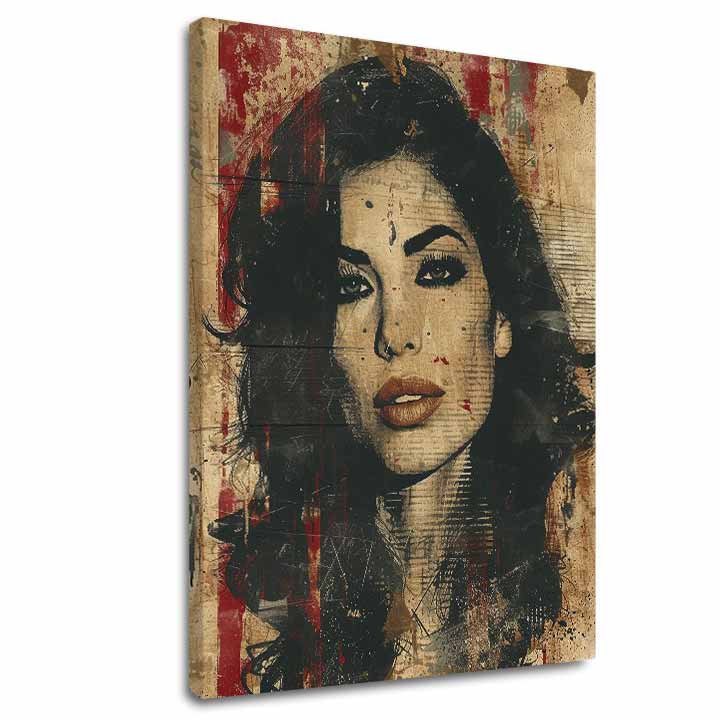 Moderan slika na platnu s motivom Amy Winehouse - Hlboký pogled duše u bež-crnih nijansama, drska atmosfera, ljepota | Slika Amy Winehouse - Hlboký pogled duše – glavna
