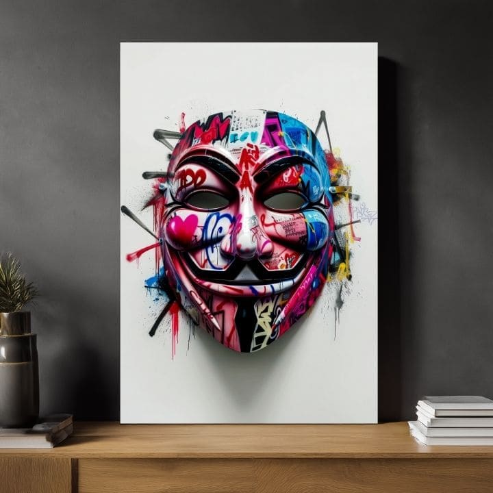 Moderan slika na platnu s motivom Anonymous Mask u bijelo-crnih nijansama, energična atmosfera | Slika Anonymous Mask – proizvod